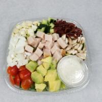 California Cobb Salad · All natural turkey, turkey bacon, avocado, mushrooms, blue cheese, alfalfa sprouts, tomatoes...