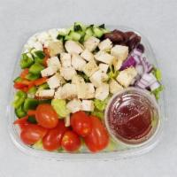 Greek Chicken Salad · Romaine, cherry tomatoes, red onions, cucumbers, Kalamata olives and tri color peppers with ...