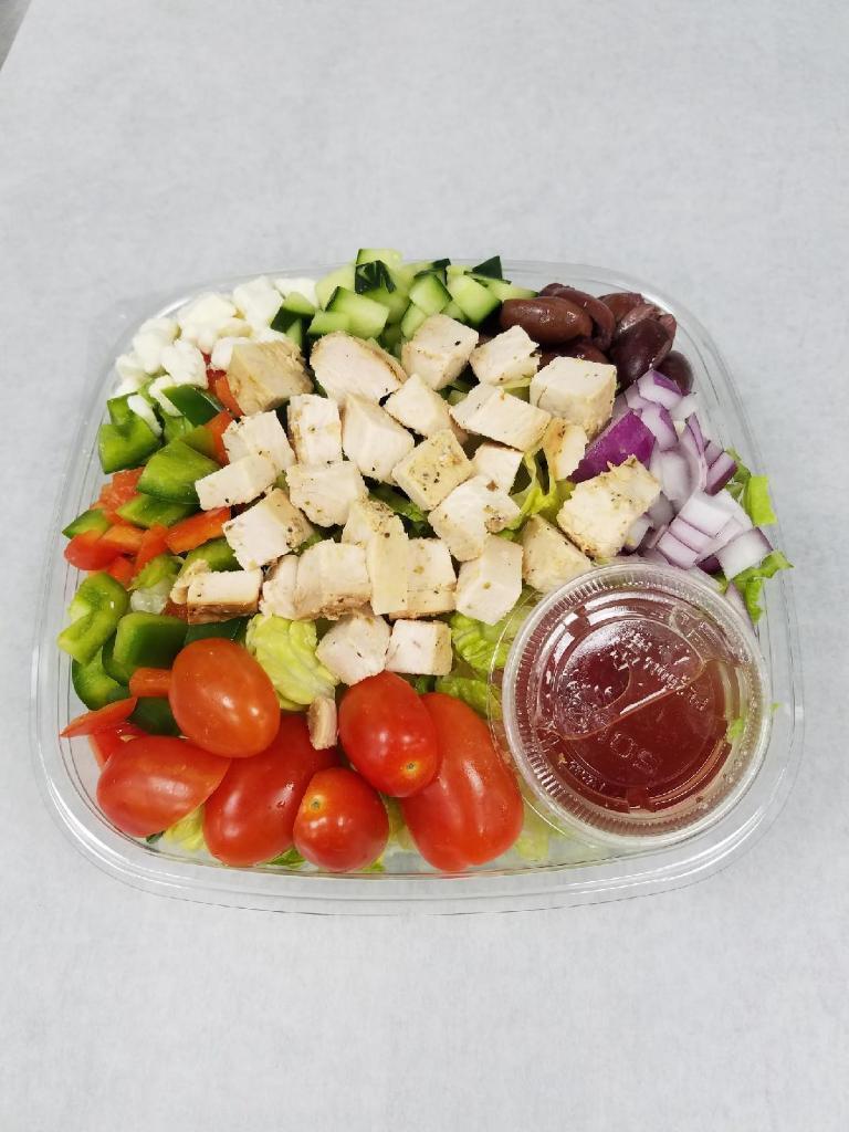 Greek Chicken Salad · Romaine, cherry tomatoes, red onions, cucumbers, Kalamata olives and tri color peppers with red wine vinaigrette and extra virgin olive oil.