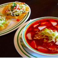 Pozole Rojo o Blanco · Pork with hominy soup white or red. Small comes with one tostada large comes with two tostad...