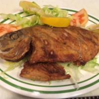 Mojarra Frita · Fried Porgy. Served with rice, beans, salad and corn tortillas.