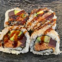 Rolling Meadows Roll (Sushi Roll) · Tuna, Salmon, Avocado, Cucumber, Tempura Flakes, Spicy Mayo, Eel Sauce