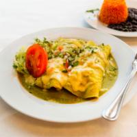 Enchiladas Suizas · 3 soft corn tortillas, rolled with chicken, topped with green sauce, sour cream and melted c...