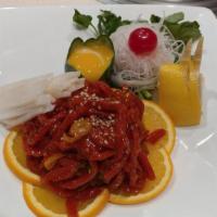 Yook Hwe APPETIZER · Korean style American wagyu beef tartare, fine sliced Asian pear and cucumber, raw egg yolk,...