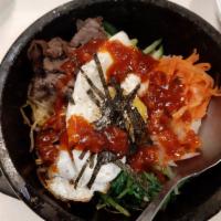 Bibimbap DINNER · Lightly seasoned mixed vegetables, ground beef, fried egg over rice. Served with Miso soup &...