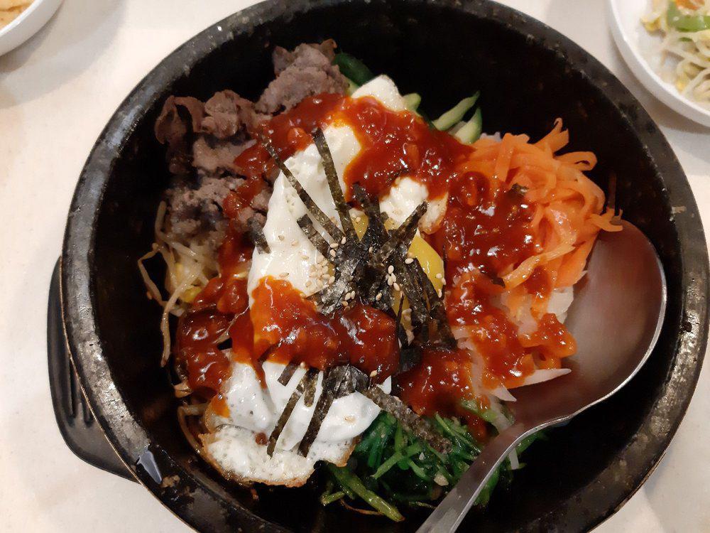 Bibimbap DINNER · Lightly seasoned mixed vegetables, ground beef, fried egg over rice. Served with Miso soup & gochujang red pepper sauce.