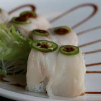 Angel Roll · Jalapeno pepper, eel sauce, spicy crab meat, asparagus, white tuna sashimi.