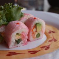 Spicy Mango Lobster Roll · Lobster salad, tobiko, asparagus, avocado, wrapped in soy bean paper, fresh mango sauce, Sri...