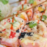 Tokyo Love Story · 2 shrimp tempuras, lobster salad, mango, asparagus, pink soybean sheet, and milk sauce and e...