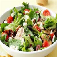 Grilled Chicken Over Garden Salad · Grilled chicken and Shredded romaine lettuce, tomatoes, cucumbers, red onions and black oliv...