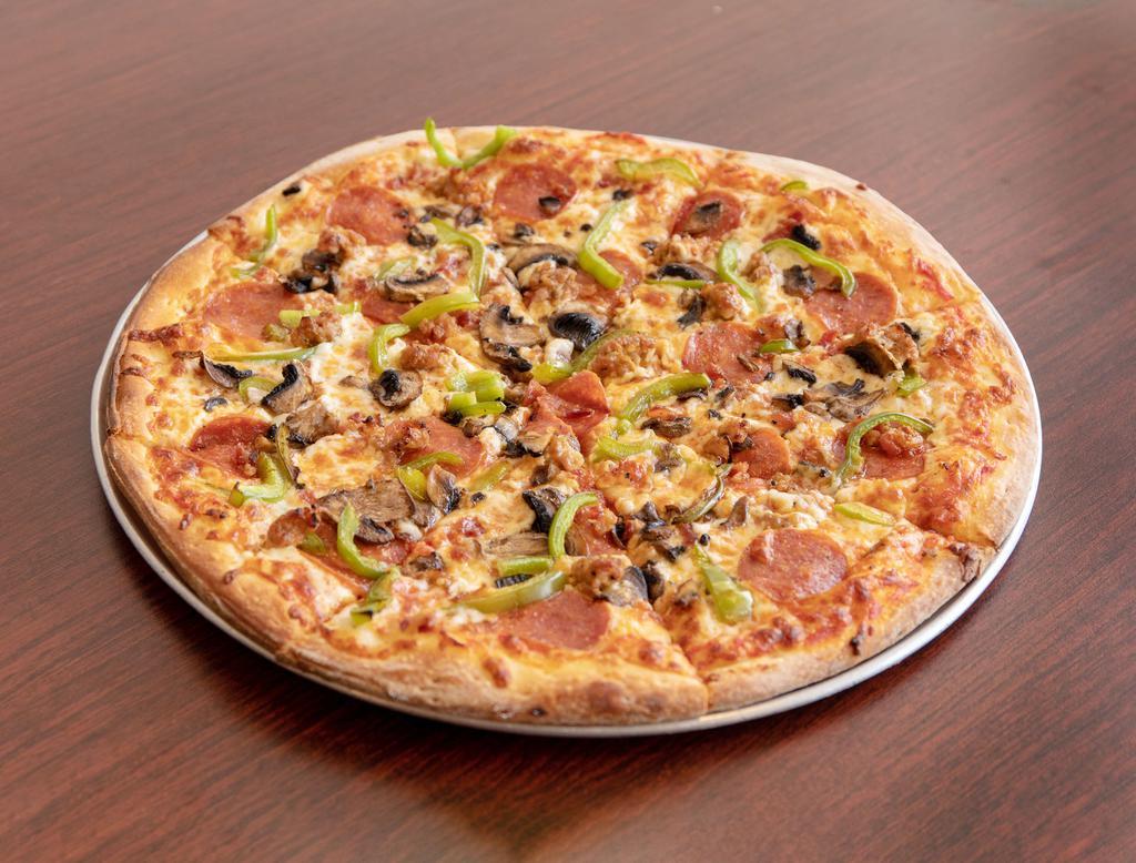 Red's Combo Pizza · Red sauce, mozzarella, pepperoni, bacon, sausage, mushroom and green pepper.