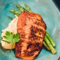 Seared Salmon · seared salmon, garlic butter, mashed potatoes & chef's vegetables
