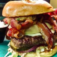 Ultimate Burger · J.W. Treuth Angus beef burger topped with a crab cake, bacon, provolone & chilled mustard, s...