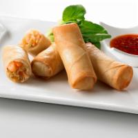 Crab & Shrimp Spring Rolls · Crab, shrimp, vegetables, and spices rolled with cellophane noodles in a crispy and paper-th...