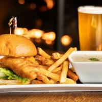 Fish Sandwich & Chowdah · Fried beer battered cod served on a brioche roll with lettuce, cheddar cheese & tartar sauce...