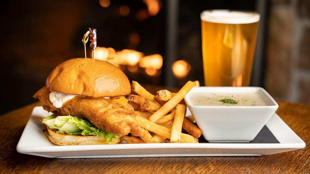Fish Sandwich & Chowdah · Fried beer battered cod served on a brioche roll with lettuce, cheddar cheese & tartar sauce. Served with a cup of clam chowdah!