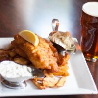 British Beer Fish and Chips · Fresh beer battered cod served with pub fries, tartar sauce and house made coleslaw. Garnish...