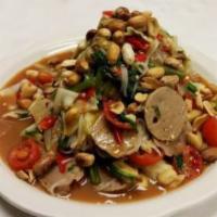 S05. Tum Muah Salad · Lao mix salad. Authentic Lao style salad, rice noodle, meatball, cucumber, cabbage, fresh li...