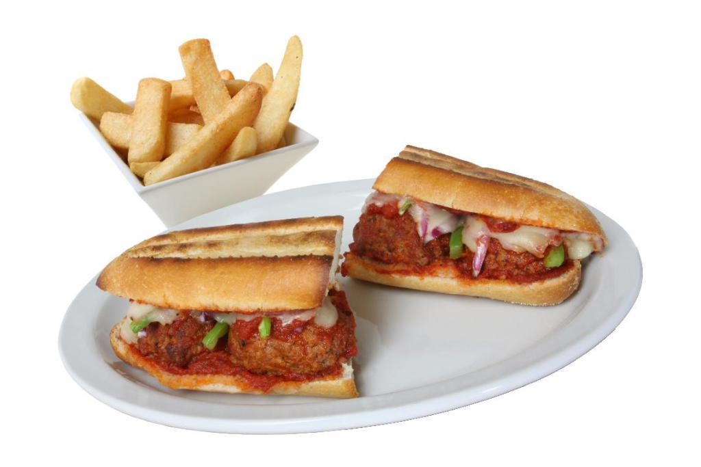 Meatball Sandwich · Marinara sauce, red onions, green bell peppers and mozzarella cheese. Served with side of sweet cherry peppers, pepperoncini and jalapenos. Served with side of steak fries or side of house salad.