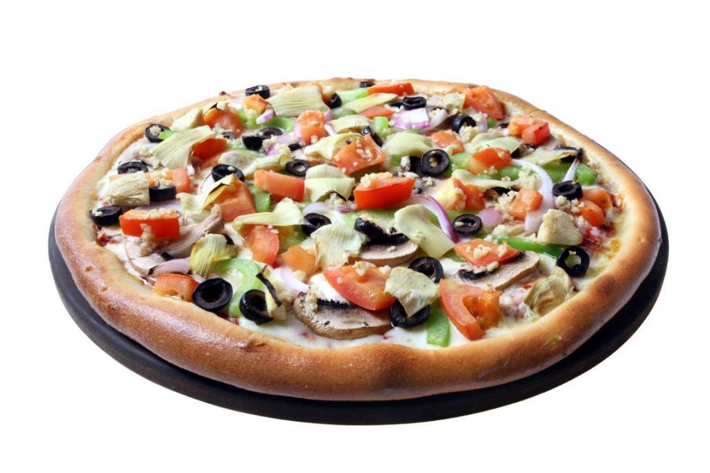Veggie Pizza · Traditional tomato sauce, mozzarella cheese, mushroom, red onion, green bell peppers, artichoke, black olives, fresh garlic and vine tomatoes.