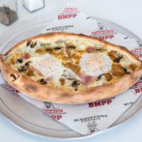 Egg Gondola Pizza · Gondola shape pizza with mozzarella cheese, feta cheese, butter and eggs. 