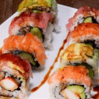 47/ Rainbow Roll · Inside: Crab Meat*, Cucumber, Avocado
Outside: Tuna, Salmon, Albacore, Shrimp, Avocado