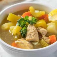 Mama Masada Chicken Soup · Gluten-free. A light chicken broth with cubed chicken, potatoes, celery and carrots. Made da...