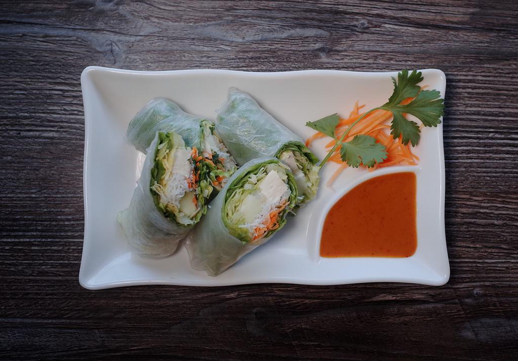 Fresh Spring Rolls · With green leaf, lettuce, carrot, cucumber, cilantro, tofu and vermicelli. Served with peanut sauce.