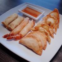 Appetizer Sampler · 2 pieces of each(no substitution) Crispy Shrimp Roll, Veggie Egg Rolls, Cheesy Wonton, Samos...