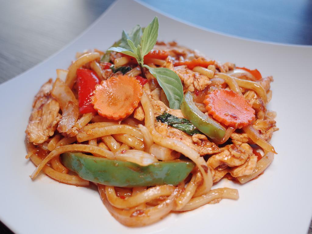 Spicy Basil Udon · With basil, bell pepper, onion, carrot and Sriracha.