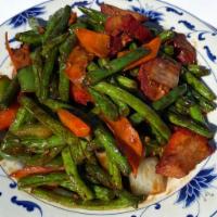 String Bean Pork · BBQ pork cooked with string beans, white onions, carrots, and bell peppers in brown garlic s...