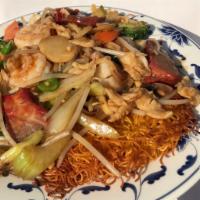 Pan Fried Noodles · Egg noodles pan-fried then topped with vegetables and your choice of meat. 