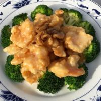 Honey Walnut Shrimp · Lightly battered shrimp coated in a sweet creamy sauce topped with sugar-coated walnuts.