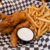 Chicken Tenders · 4 beer battered chicken strips and choice of fries.
