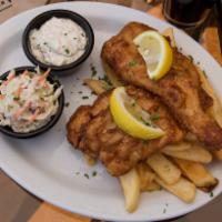 Shakespeare's Famous Fish & Chips · Fresh cod lightly beer battered and served over steak fries, served with coleslaw and tartar...