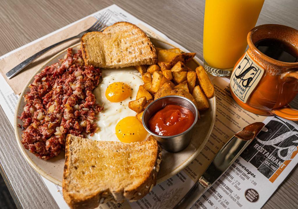 8. Award-Winning Scratch-Made Hash + Eggs Platter · From-scratch corned beef hash OR maple sausage-apple hash, two cage-free eggs any style, artisan toast + crispy home fries.
***Sorry, no adds or substitutes.