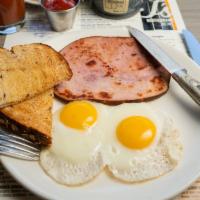 9. Ham + Eggs Platter · Virginia baked ham w/ two cage-free eggs your way, artisan wheat or sourdough toast + crispy...