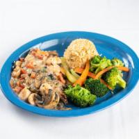 Veracruz Chicken Plate · Grilled chicken breast, topped with sauteed mushrooms, shrimp, mustard, seafood sauce, pico ...