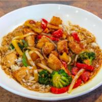 Teriyaki Chicken Bowl · Teriyaki marinated chicken, sauteed with grilled pineapple, broccoli, peppers and onions tos...