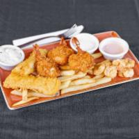 Seafood Combo · A sampling of our LandShark fish and chips, coconut shrimp and fried shrimp served with fren...