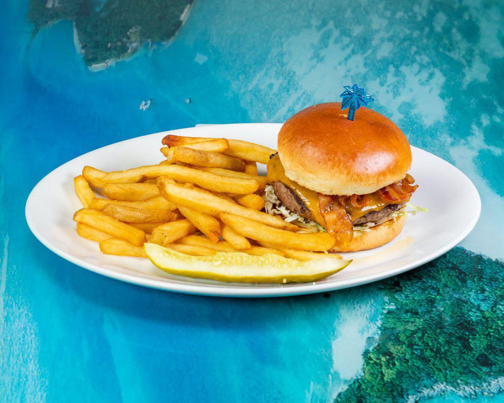 Cheddar BBQ Burger · Topped with sliced aged cheddar cheese, tomatoes, lettuce and crisp bacon.