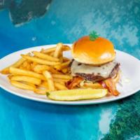 Garlic Bacon Burger · Topped with Swiss cheese, shredded lettuce,  applewood-smoked bacon, roasted garlic aioli an...