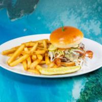 Rancho Deluxe Burger · Topped with Monterey Jack cheese, applewood-smoked bacon, lettuce, tomatoes, pickles and ran...
