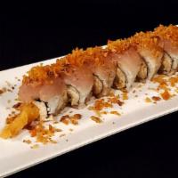 Spicy Albacore Crunch Roll · In: shrimp tempura, spicy crab. 
Out: albacore, fried garlic, tempura crunch. Sauce: spicy p...