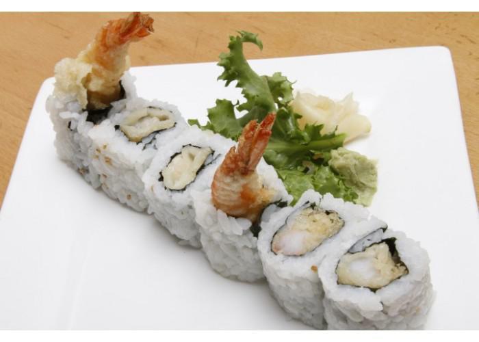 Shrimp Tempura Roll · 2 deep-fried shrimp roll topped with eel sauce and sesame seeds.