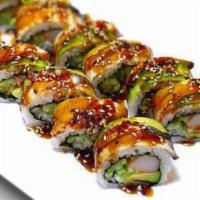 Dragon Roll · Imitation crab meat, cucumber and avocado, topped with eel and avocado.