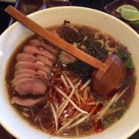 Duck Breast and Savory Shoyu Ramen · Light soy chicken dashi broth, seared duck breast, cabbage, bean sprouts, mushroom, fish cak...