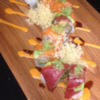 Mad-House Maki · Shrimp tempura, tuna, salmon, avocado, unagi sauce, tobiko, spicy mayo, tempura bits and soy...