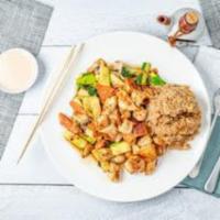 Hibachi Chicken · Served with clear soup, house salad, grill vegetables, steamed rice or fried rice or brown r...