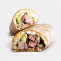 LR Steak Burrito · Certified Angus beef steak, 4 egg whites, avocado, low-fat cheddar.